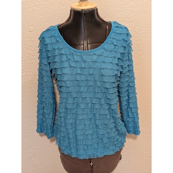 Slinky Brand Womens S Top Blue Aqua Tiered Layered Ruffle Scoop Neck BOHO Shirt - Picture 1 of 11